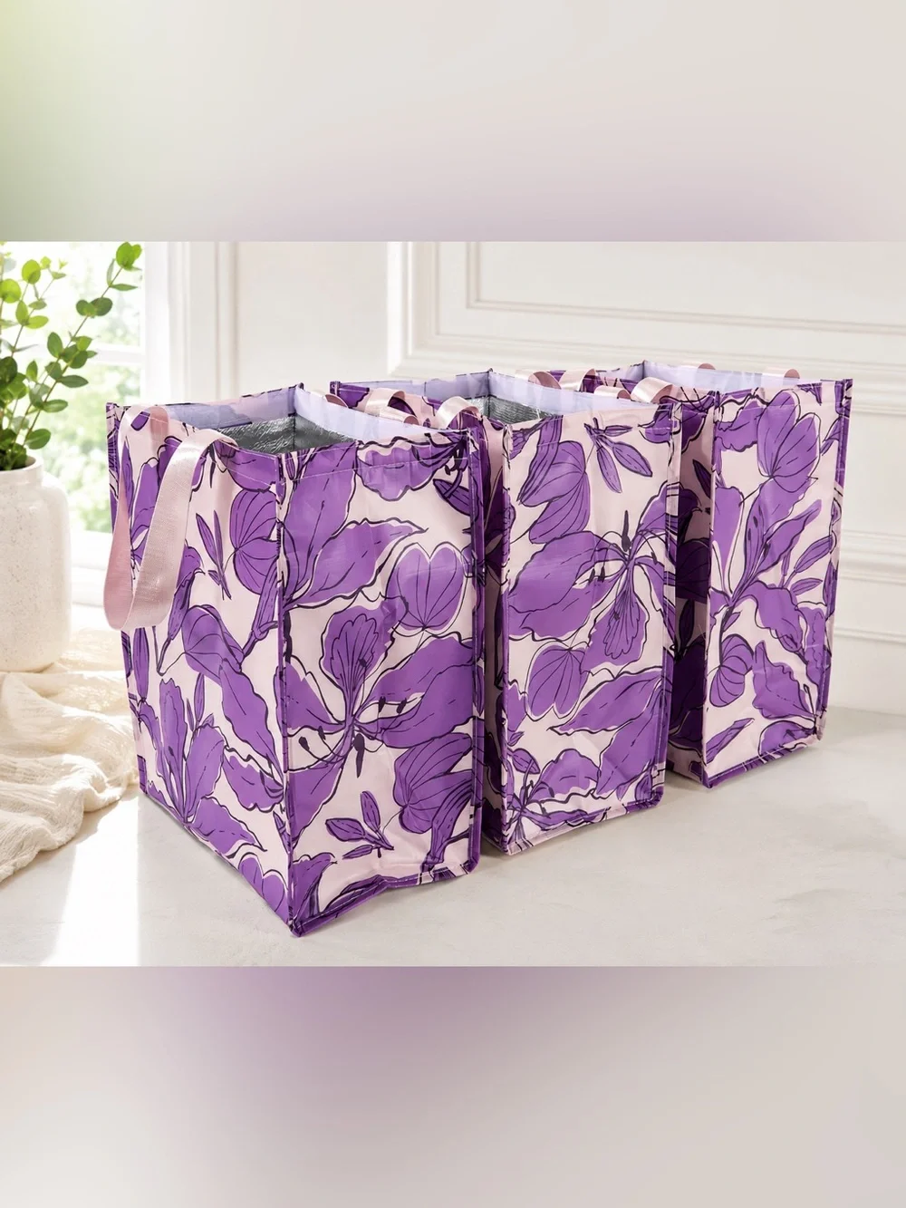 NEW Periea Set of 3 Insulated Purple Floral Grocery Shopping Totes